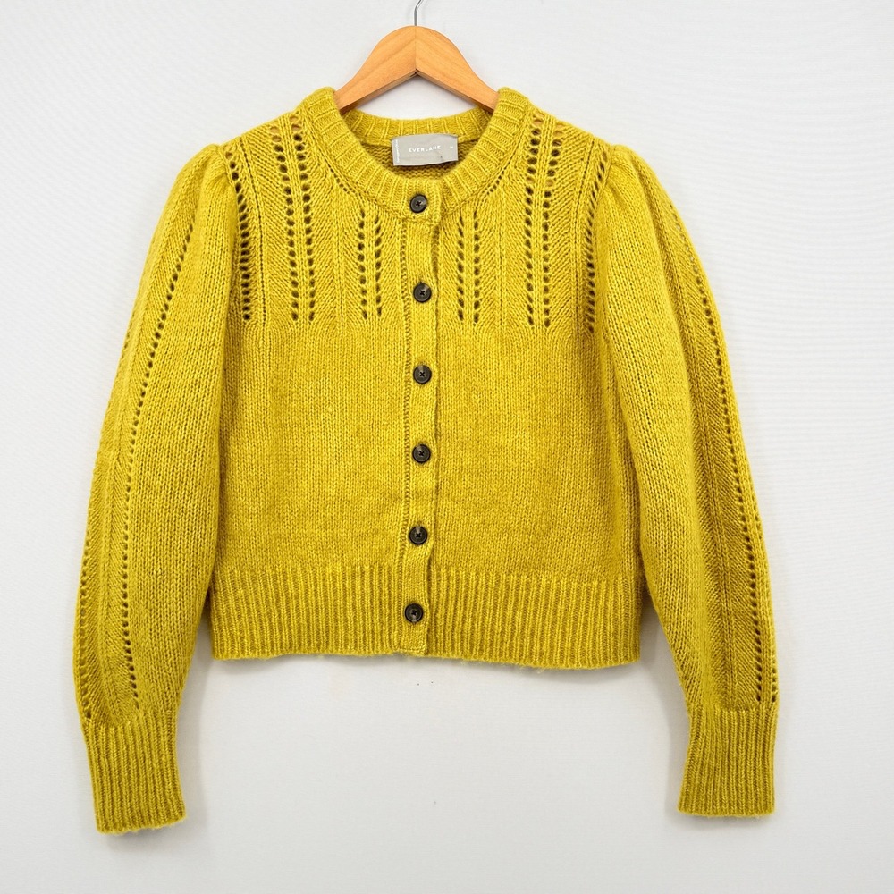 Everlane Alpaca Pointelle Cardigan Women Medium Yellow Puff Sleeve Cottagecore